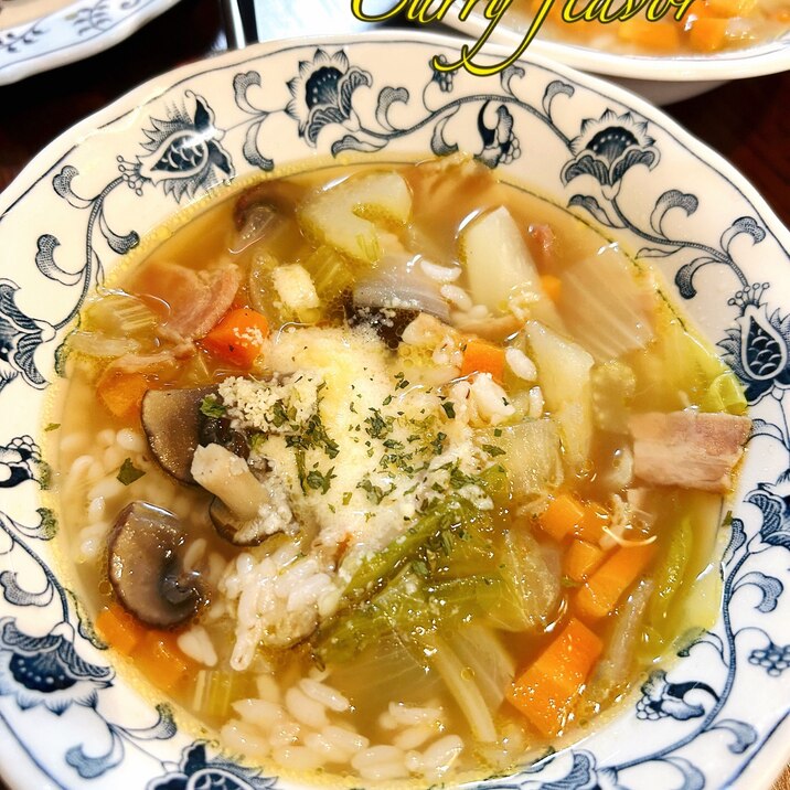 スープ麦ご飯の夕食♪パルメザンチーズとカレー風味
